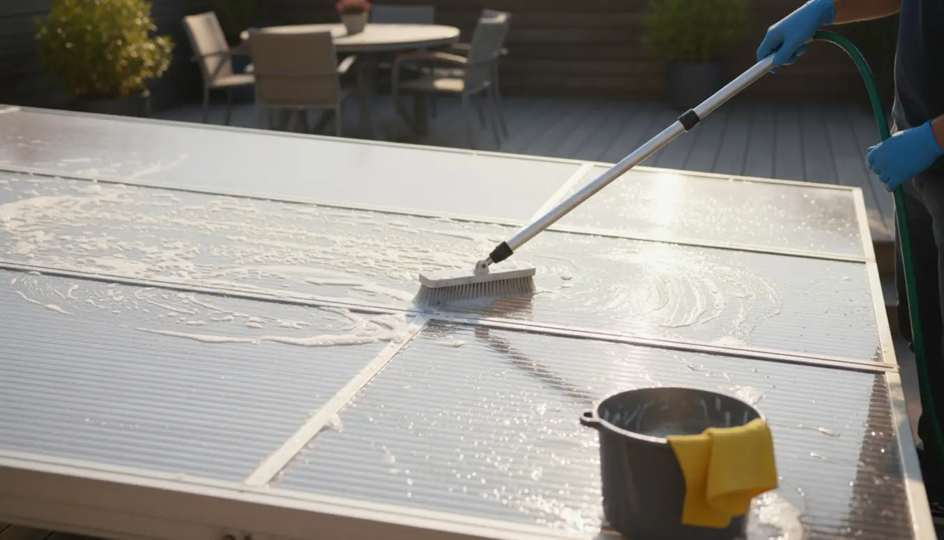 Rensning af klart termotag i polycarbonat med børste på forlængerstang og rindende vand over en terrasse.