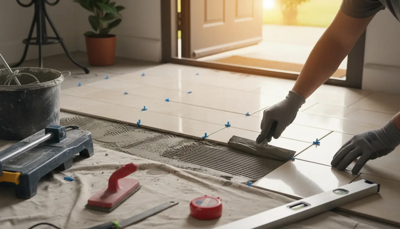 Ny fliseinstallation i en lille entre med værktøj og matchende fliser.