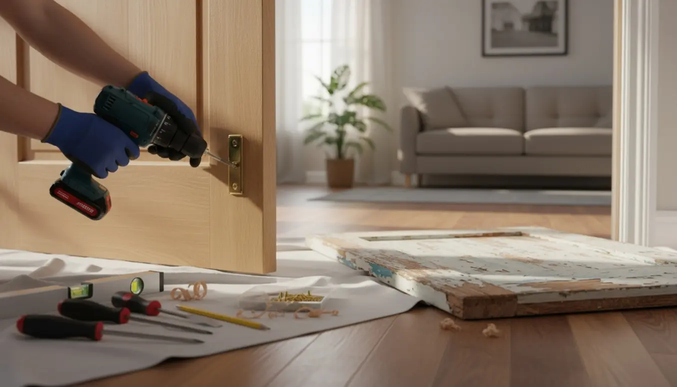 Ny massiv indendørs dør monteres i en dørkarm med værktøj og savsmuld på gulvet.