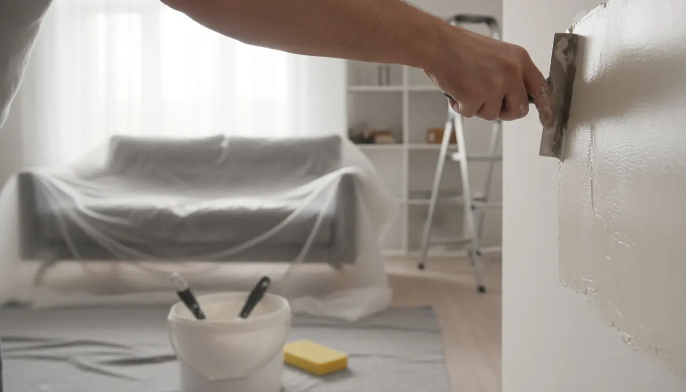 Hænder spartler en væg i en stue med møbler dækket til og værktøj i baggrunden.