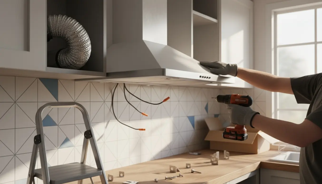 Udskiftning af indbygget emhætte i et lyst køkken, håndværker arbejder med værktøj og nyt aftræk.
