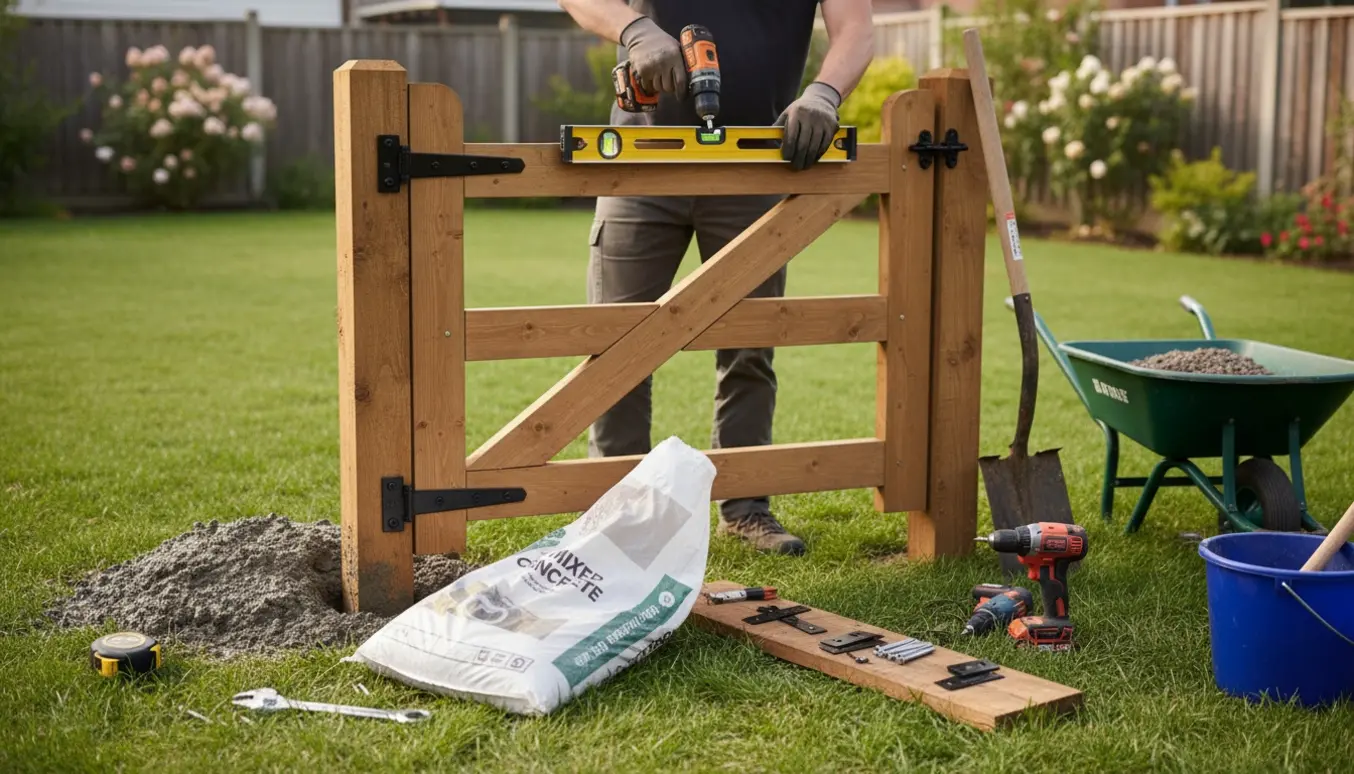 Havelåge halvmonteret mellem stolper med handskerede hænder, værktøj og våd beton omkring.