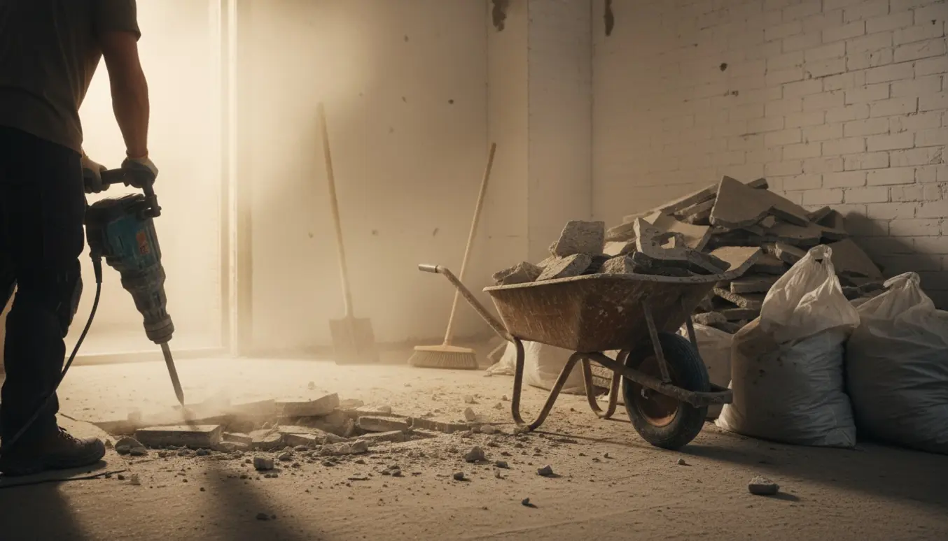 Renoveringsscene med nedbankning af betongulv og fjernelse af byggaffald, set bagfra.