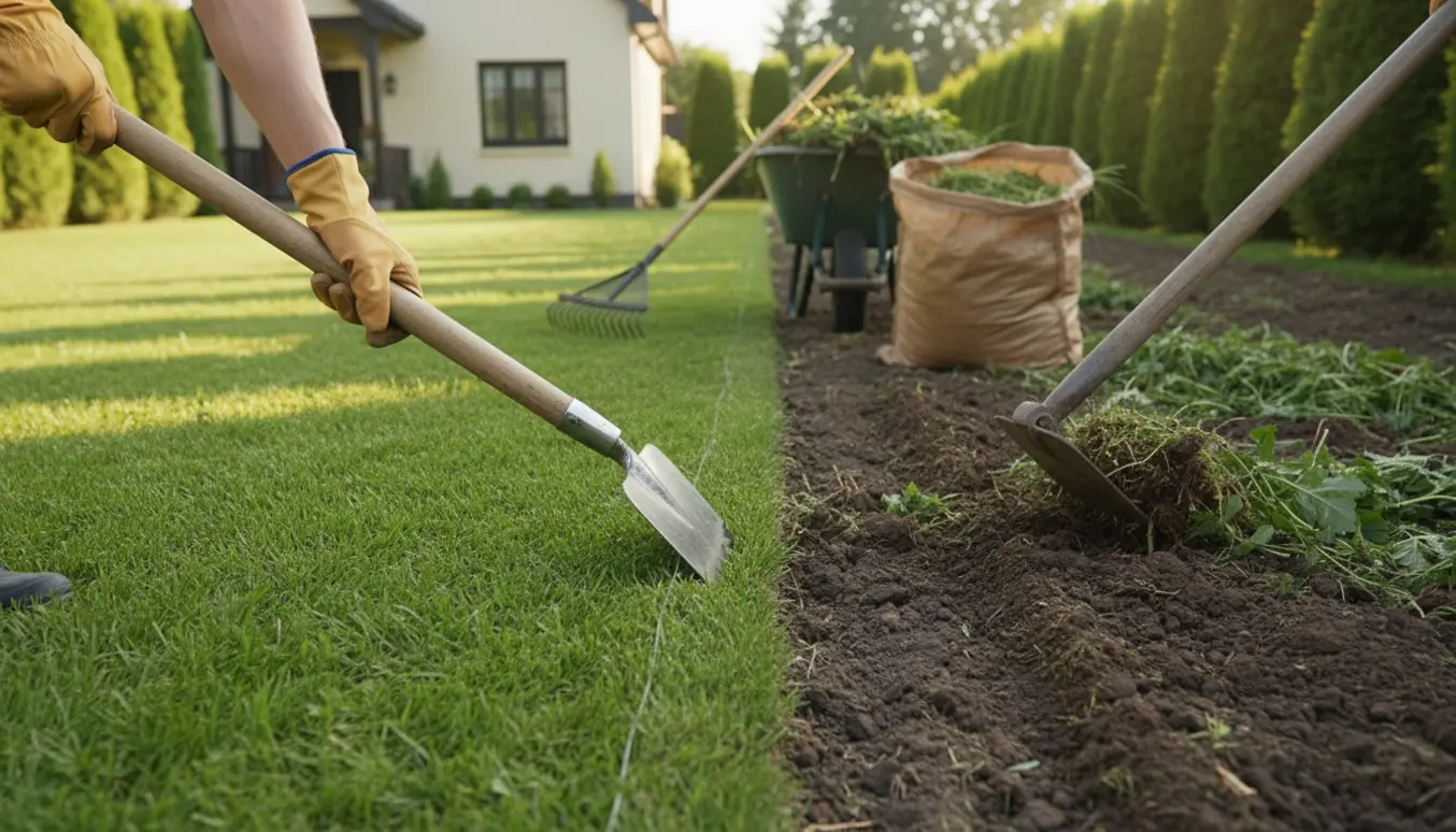 Havearbejde med kantskæring af græs og hakning af ukrudt langs hæk, værktøj og trillebør i billedet.