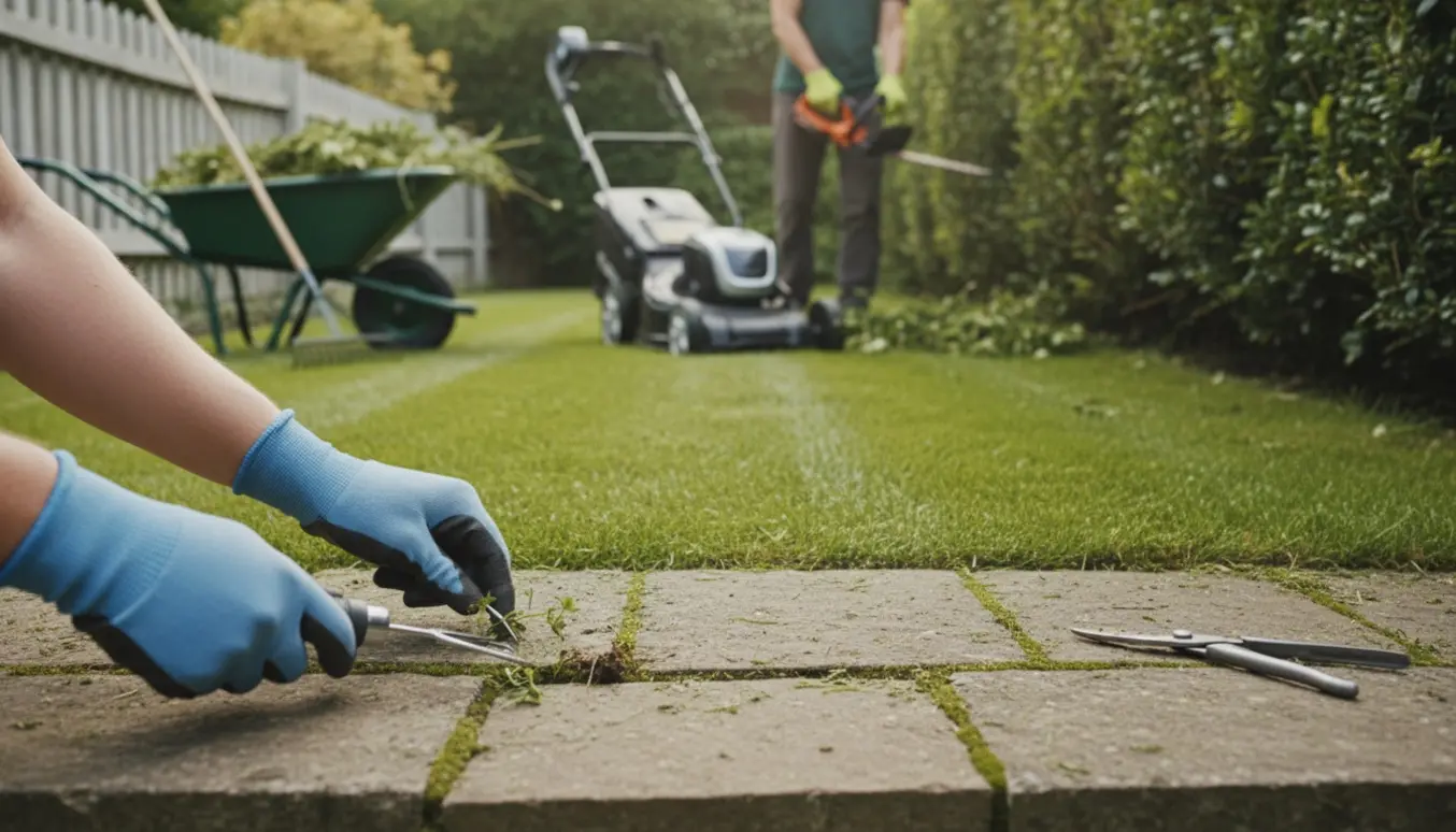 Glæderedskaber i brug: hænder fjerner ukrudt mellem fliser, græsslåmaskine på græs og hækkesaks ved hækken.