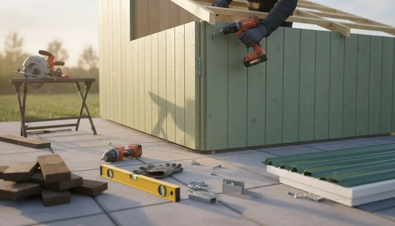 Hænder samler et nyt 9 kvm træanneks på flisefundament med værktøj og byggematerialer omkring.