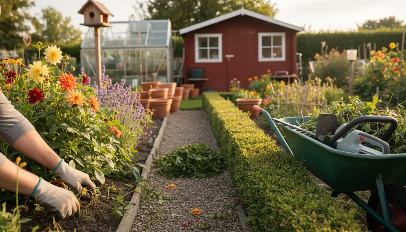Gloveklædte hænder luger ukrudt i en velholdt kolonihave med hæk, haveredskaber og skuret i baggrunden.