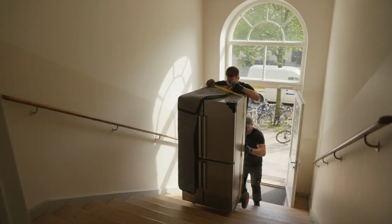 To mand bærer et rustfrit køleskab ned ad en opgang med løftestropper og tæpper.