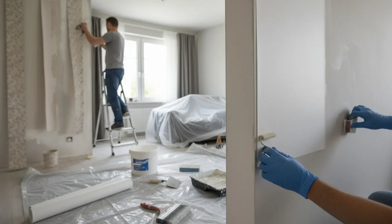 Indendørs renovering med håndværker, delvist afrevet tapet, spartlede områder og filt, værktøj og ruller i et lysfyldt rum.
