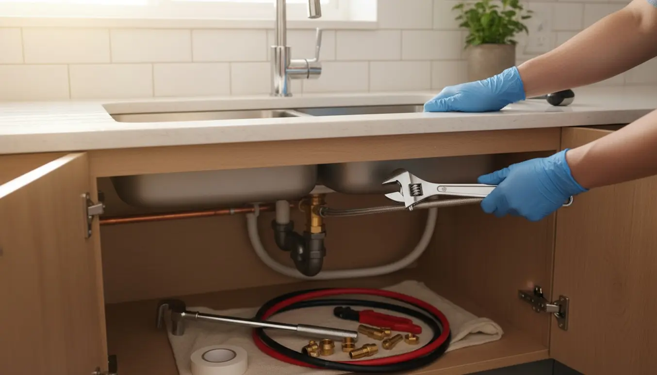 Nærbillede af hænder, der udskifter en køkkenvandhane med udtræk med værktøj og nye rør i det åbne underskab.