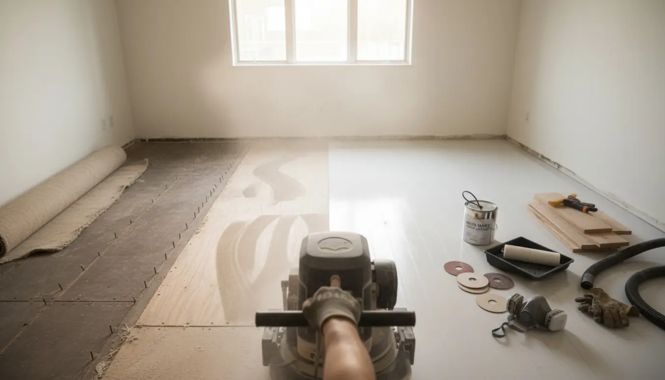 Nærbillede af slibemaskine og hænder, der sliber og lakerer et trægulv i en tom dødsbolejlighed med rullet tæppe og sømmede plader.