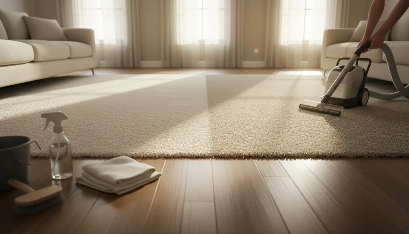 Stort lyst gulvtæppe delvist renset med en professionel tæpperenser, kun hænderne på rengøreren er synlige.