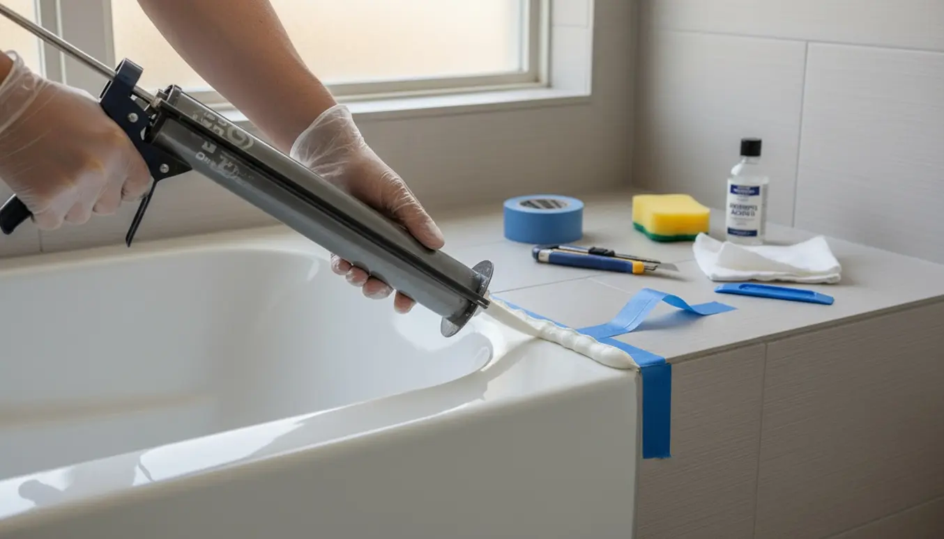 Hænder påfører en ny, glat silikonefuge langs bunden af et badekar med fugepistol og værktøj.