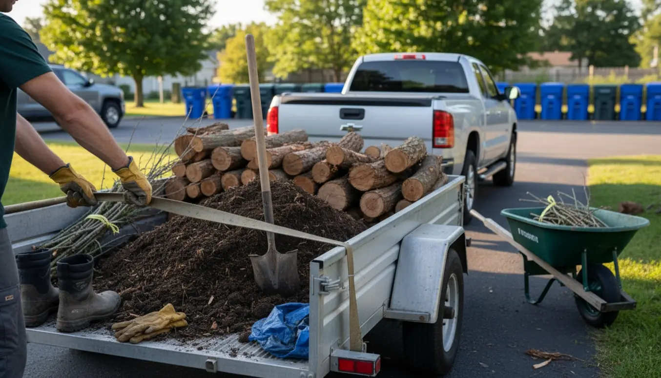 En trailer lastes med jord og træ på indkørsel, med skovl og trillebør ved siden af.