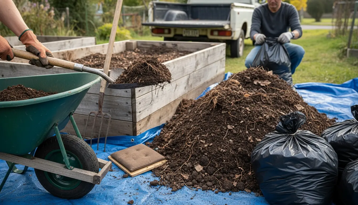 Overskudsjord fra et gammelt højbed bliver skovlet i en trillebør klar til afhentning.