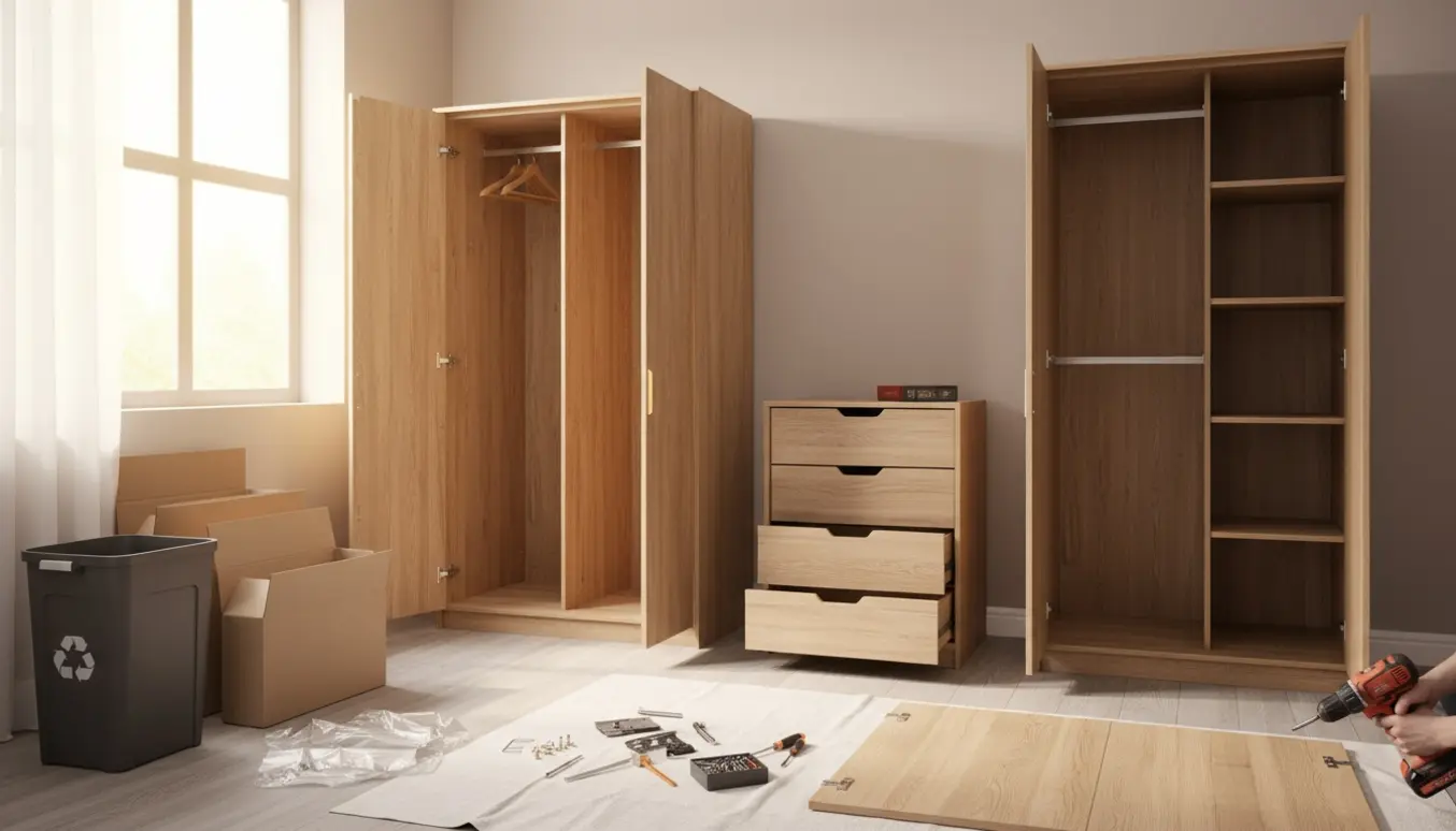 Samlede egetræs-garderobeskabe og en kommode i et lyst værelse med værktøj og emballage klar til bortskaffelse.