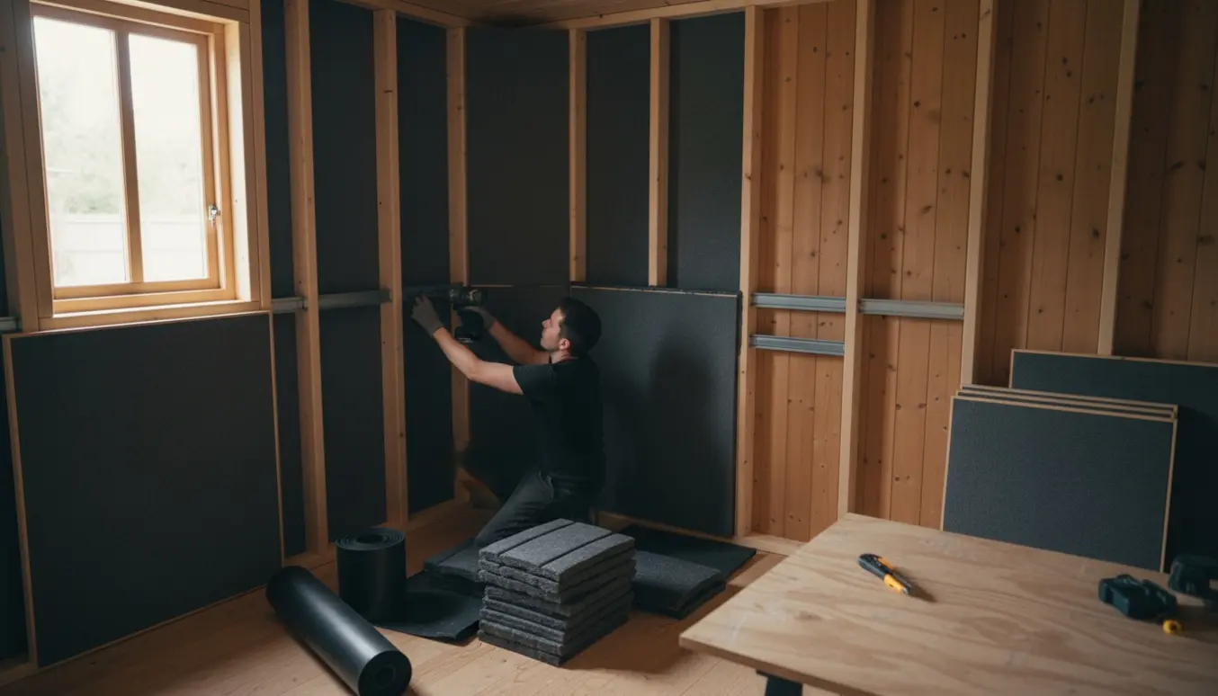 Indvendig træpavillon under ombygning til lydisoleret studie med akustikpaneler og isoleringsmaterialer.