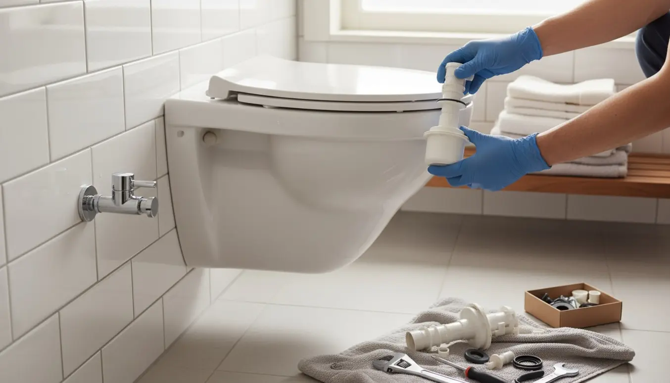 Hænder med blå handsker udskifter cisternens indmad i et væghængt hvidt toilet i et lyst badeværelse.