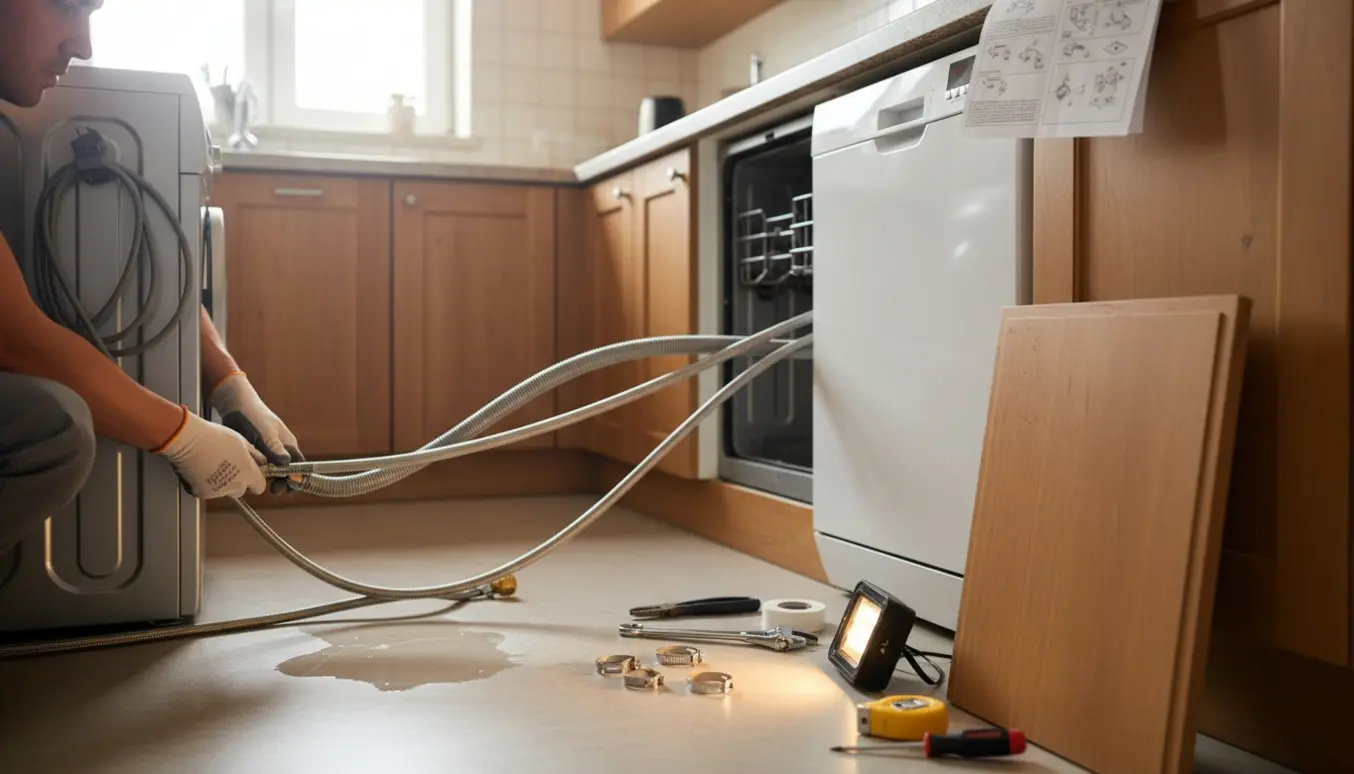 Hænder tilslutter vand- og afløbsslanger til opvaskemaskine og vaskemaskine i et lyst køkken med fjernet underskab.