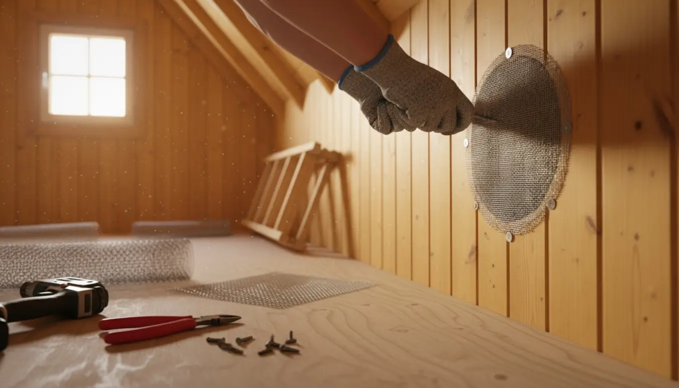 Handskerede hænder monterer rustfri net over en udluftningskanal i loftet på et træsommerhus for at holde mus ude.