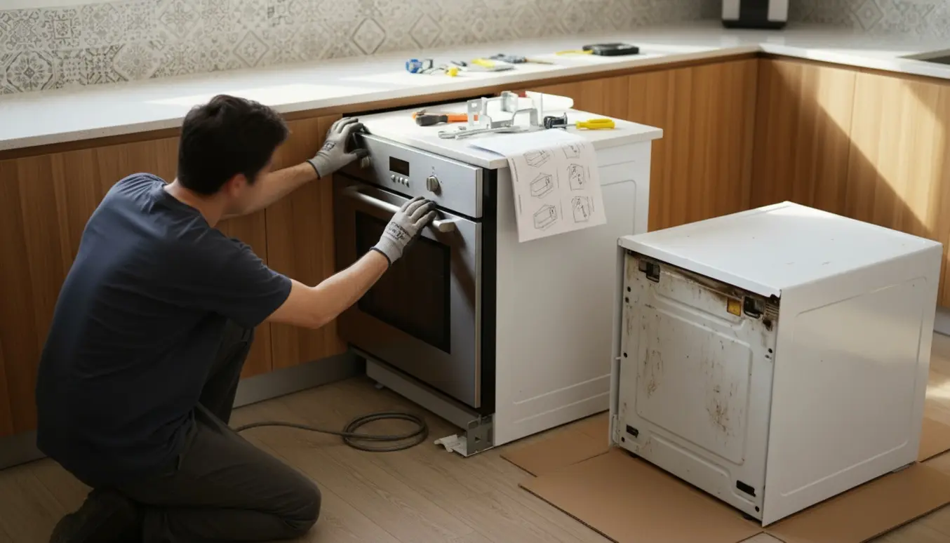 Ny ovn skubbes på plads i et moderne køkken med værktøj og handsker.