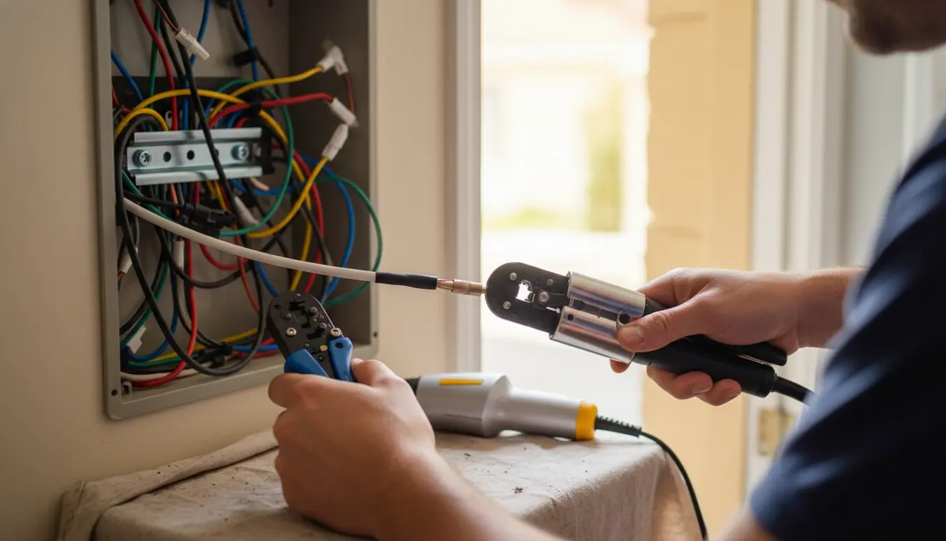 Hænder fiksere et løst antennekabel i en installationsboks med krimpfitting, varmeomslag og kabelbind for en holdbar løsning.