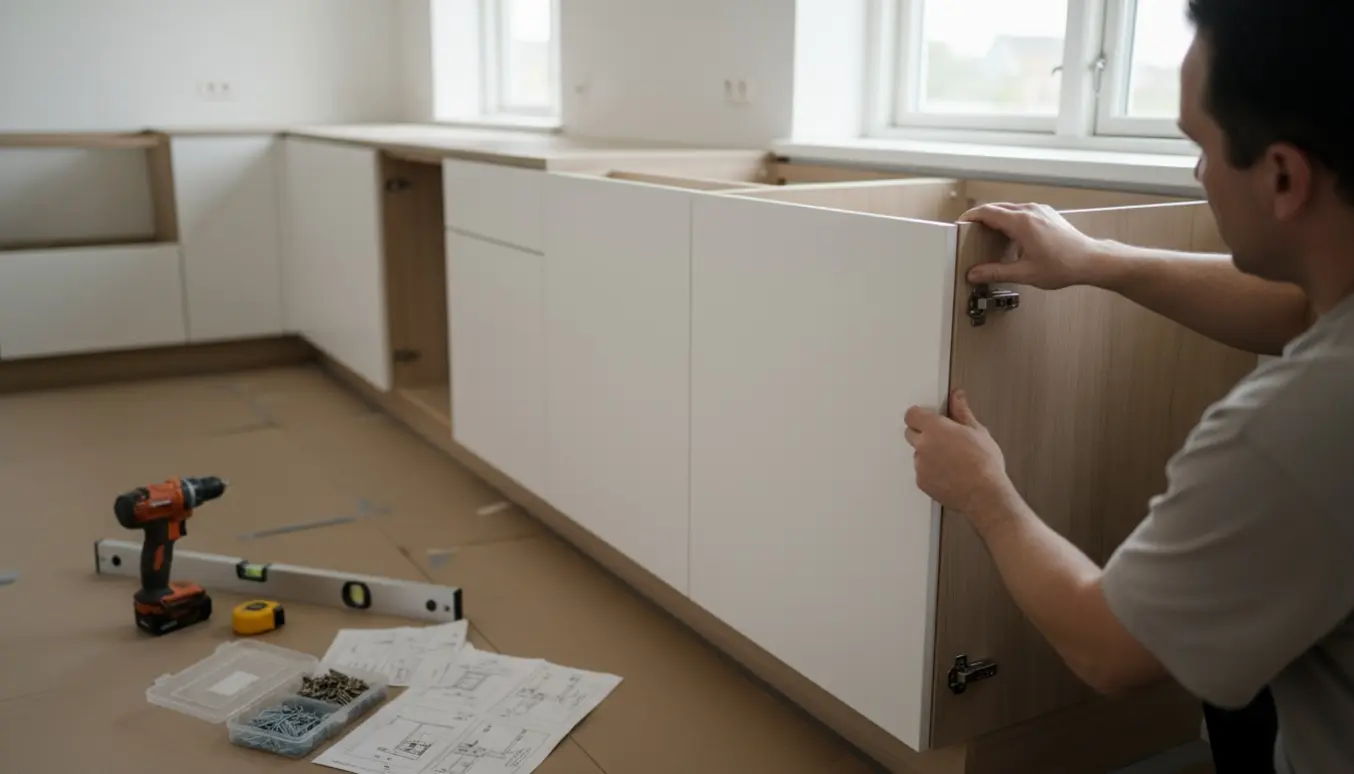 Montør monterer et nyt, simpelt køkken med to modstående bordplader og flere skabe.