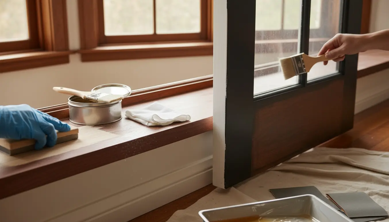 Slibede mahognivindueskarme og en dørkarm under grunding og maling med pensler og sandpapir på et malerspildtæppe.