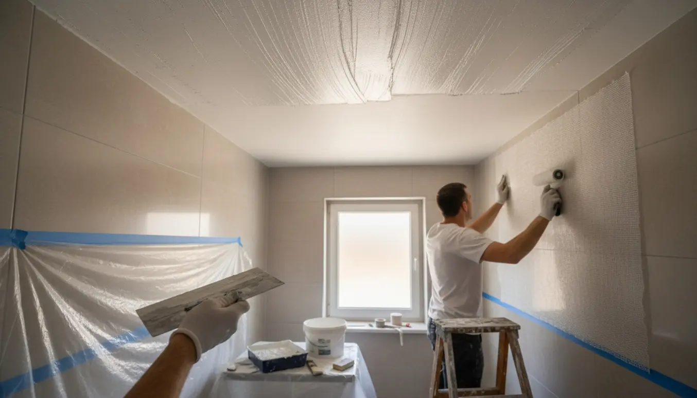 Håndværkere spartler, sætter filt op og maler et nymonteret gipsloft og to vægge i et lille badeværelse.