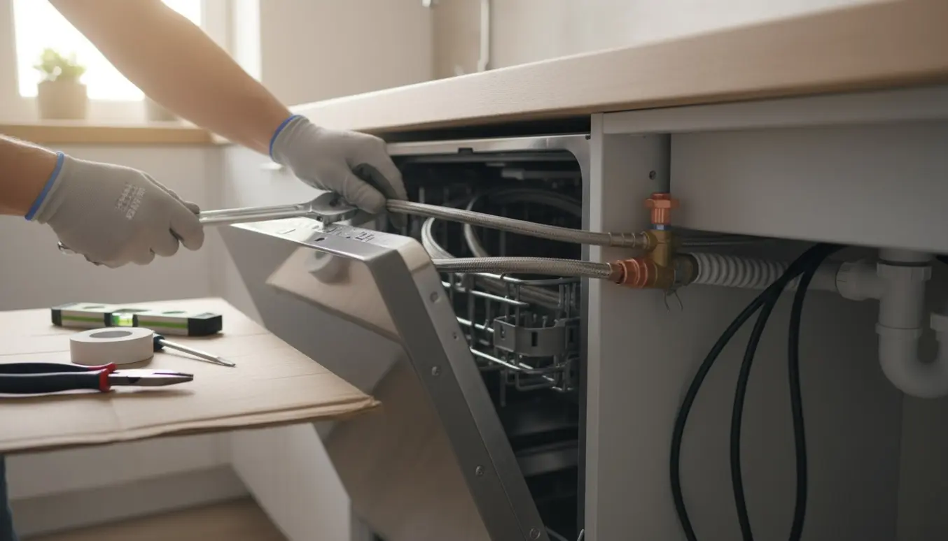 Nærbillede af hænder, der tilslutter vand- og afløbsslanger til en opvaskemaskine i et moderne køkken.