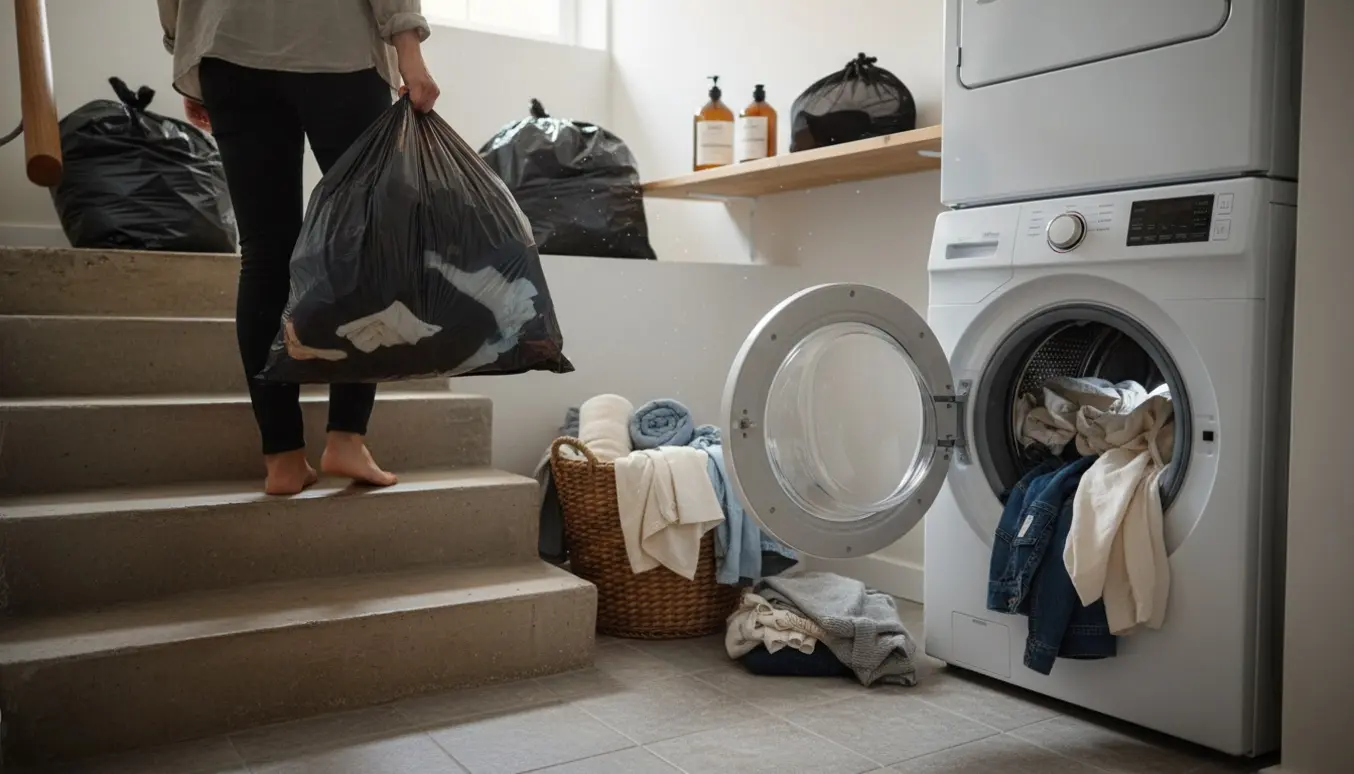 En person bærer en sort sæk med vasketøj ned ad trappen til et kældervaskerum med vaskemaskine og foldet tøj.
