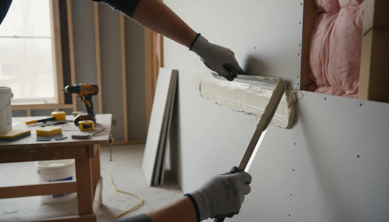 Nærbillede af håndspartling af gipspladefuge med synlig isolering og værktøj i et rum under renovering.