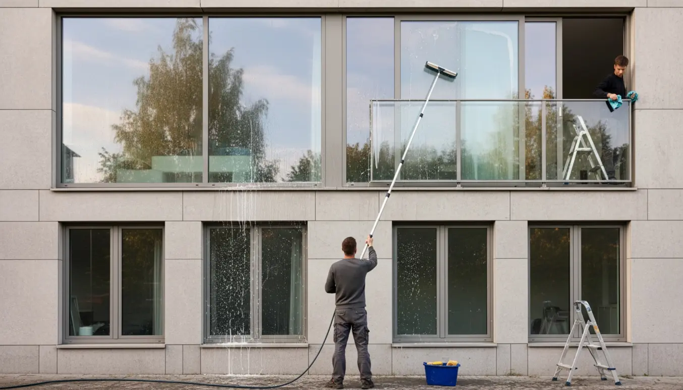 Håndværker renser facadens vinduer med teleskopstang udefra, mens indvendige hænder bruger en skraber på altandøren.