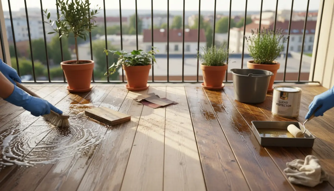 Nærbillede af rengøring, slibning og oliemedbehandling af træterrasse på en lille altan.