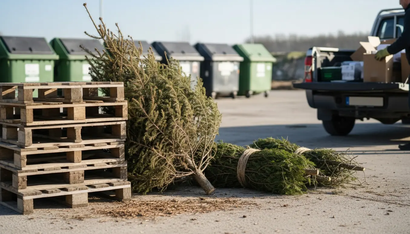 Juletræ, bunker af afklippede grene og stabler af europaller ved en genbrugsstation.