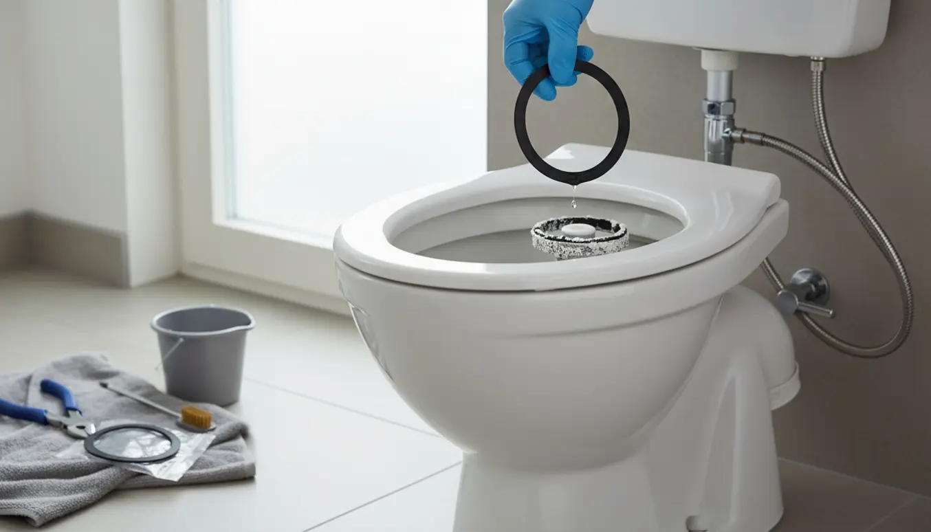 Åbent toilettank med en ny gummipakning holdt over udløbsventilen og værktøj klar til udskiftning.