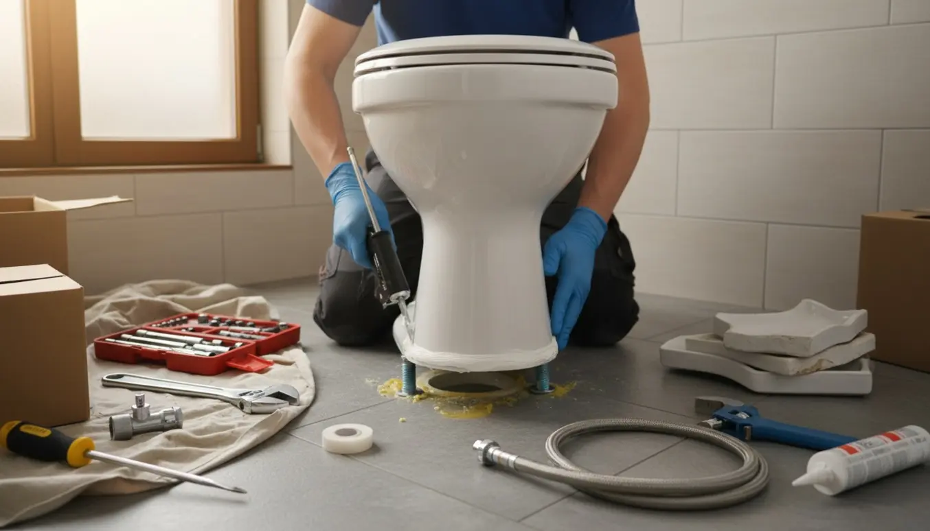 Håndværker i handsker placerer et nyt toilet på en åben gulvflange i et flisebadeværelse med værktøj og en ny ballofix ved siden af.