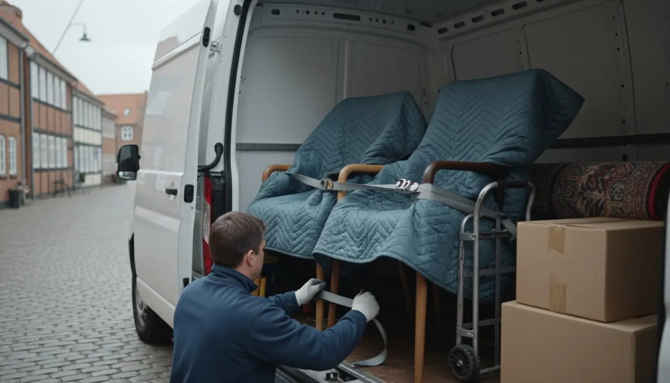 To stole pakkes og læsses i en varevogn på en rolig brostensgade i en dansk kystby.