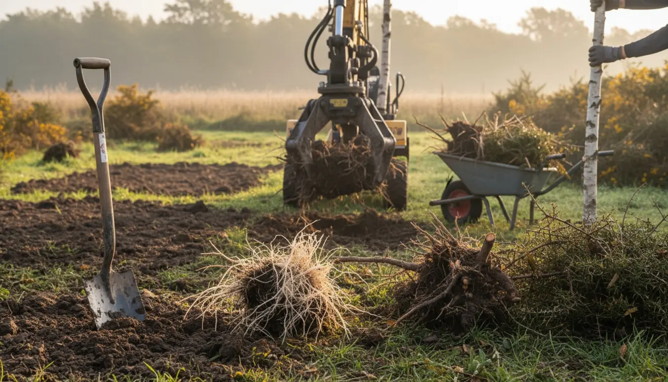 Fjernelse af gyvel og små birk med en industriel rodtrækker og drænspade i et solrigt haveområde.