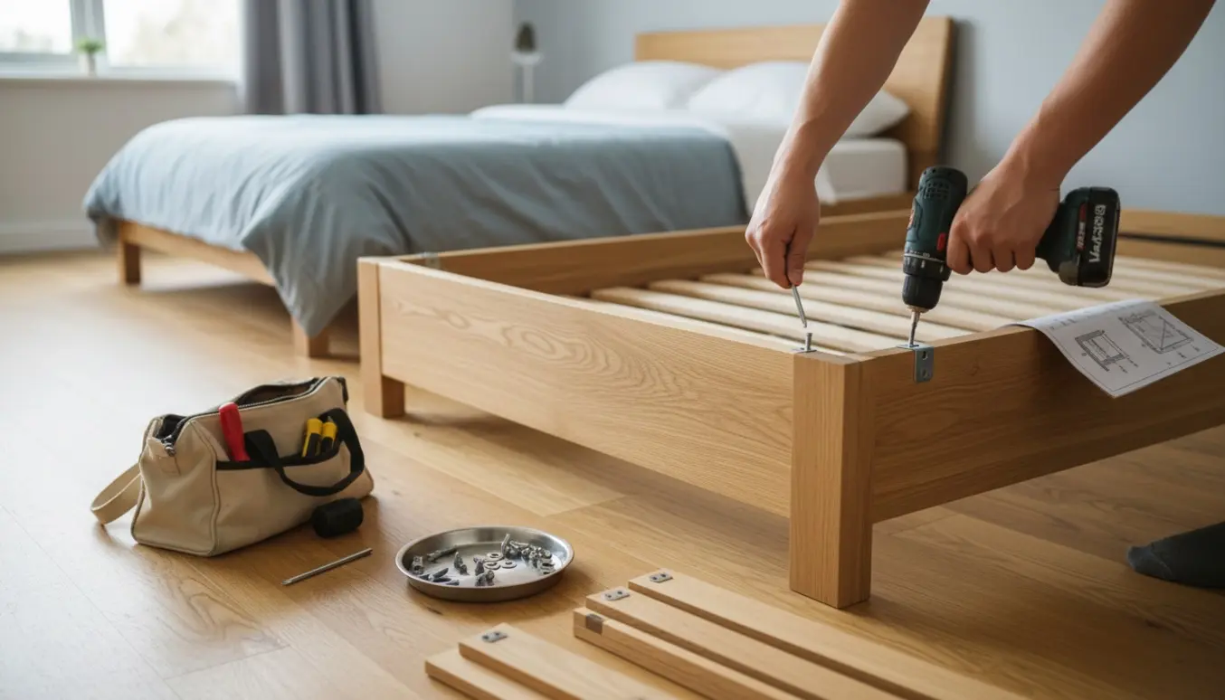 Hænder samler en træ-sengeramme med skruer og værktøj på et lyst soveværelsesgulv.
