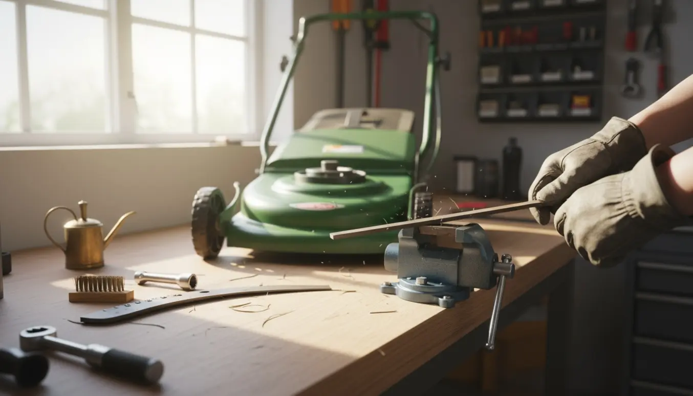 Nærbillede af glovede hænder, der sliber eller udskifter klingen på en Klippo‑stil plæneklipper i et lyst værksted.