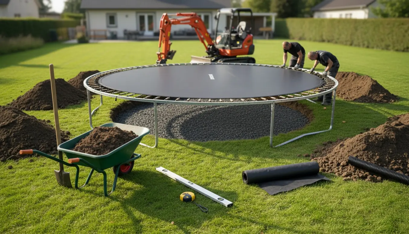 En gravet oval trampolin i en baghave med jordbunker, trillebør og graveudstyr.