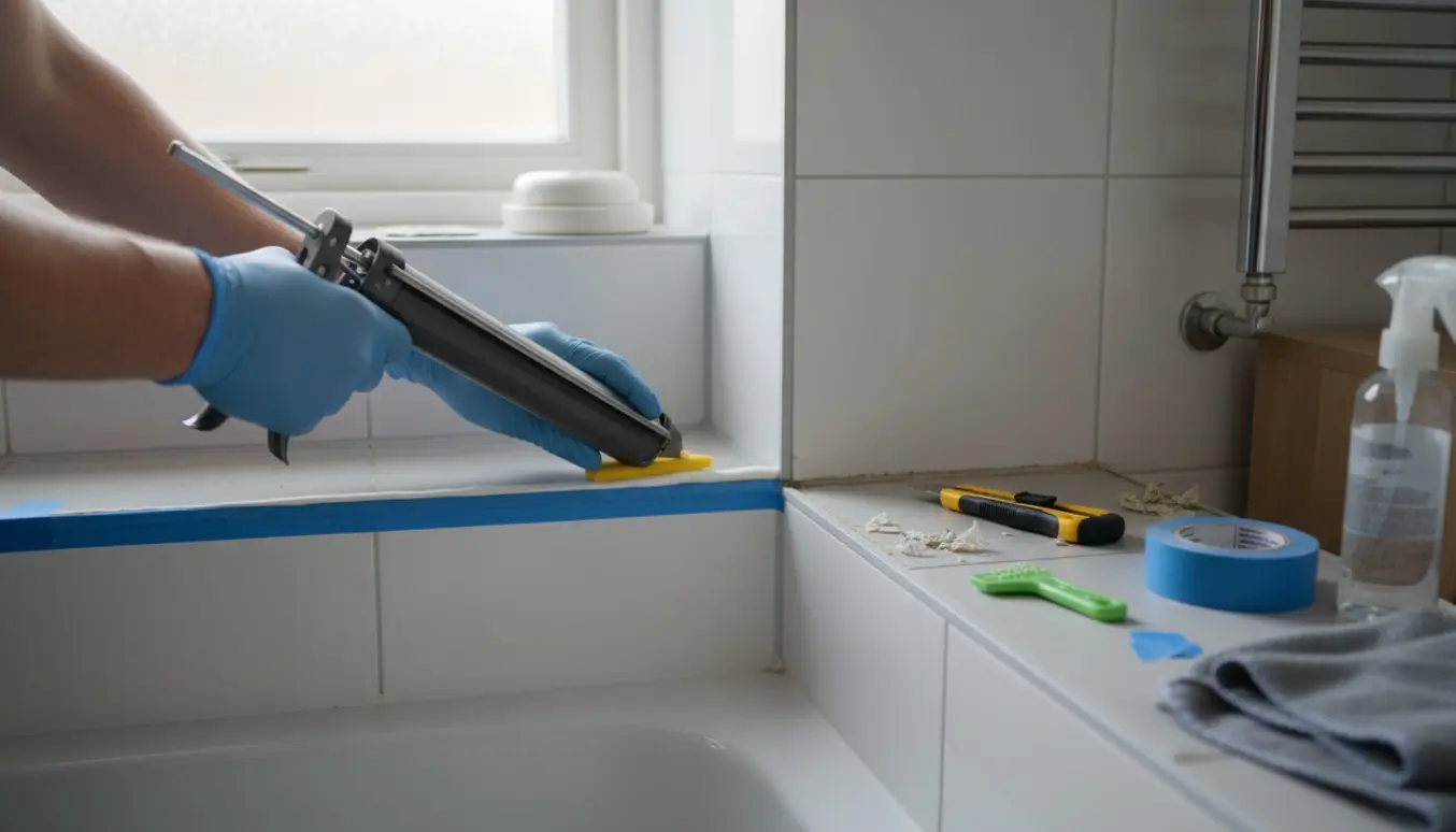 Nærbillede af hænder, der renser og lægger ny silikonefuge i et lille badeværelse.