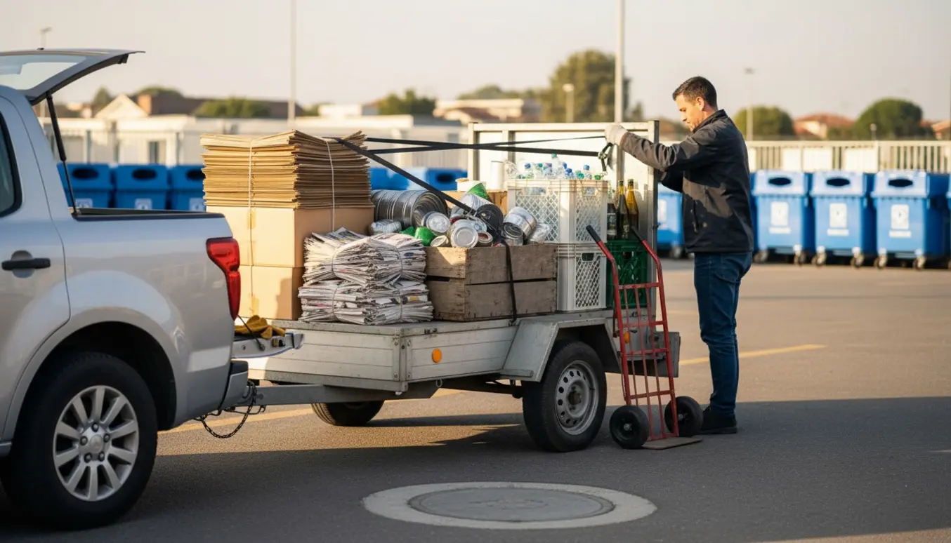 Trailer lastet med sorteret pap, papir, metal og plast ved en genbrugsplads, en person set bagfra sikrer læsset.