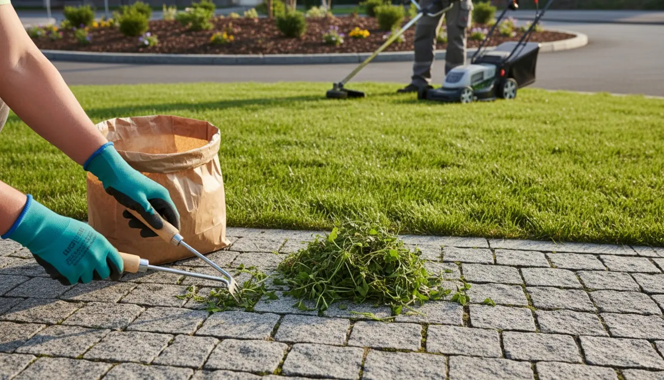 Hænder fjerner ukrudt mellem granitfliser foran nyklippet græs og en velplejet rundkørsel.