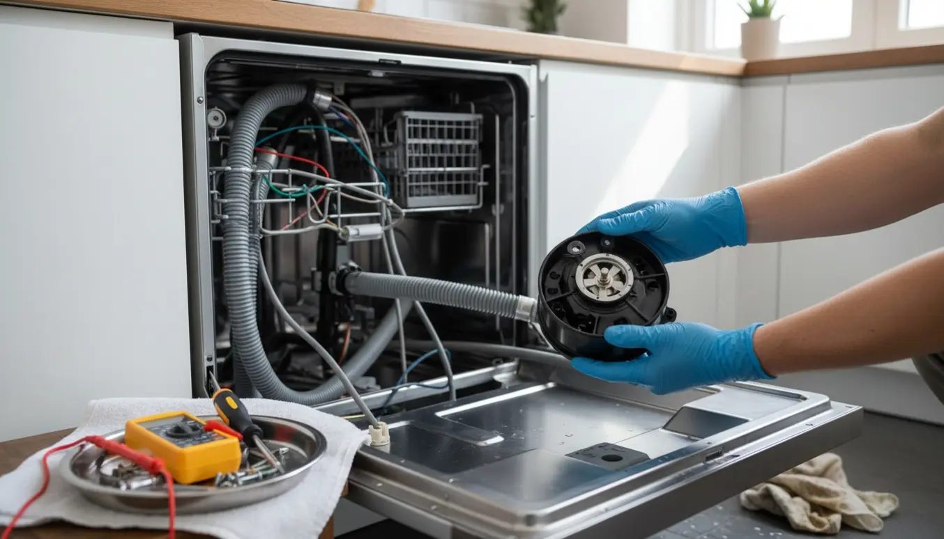 Hænder udskifter pumpen i en åben opvaskemaskine i et lyst køkken.