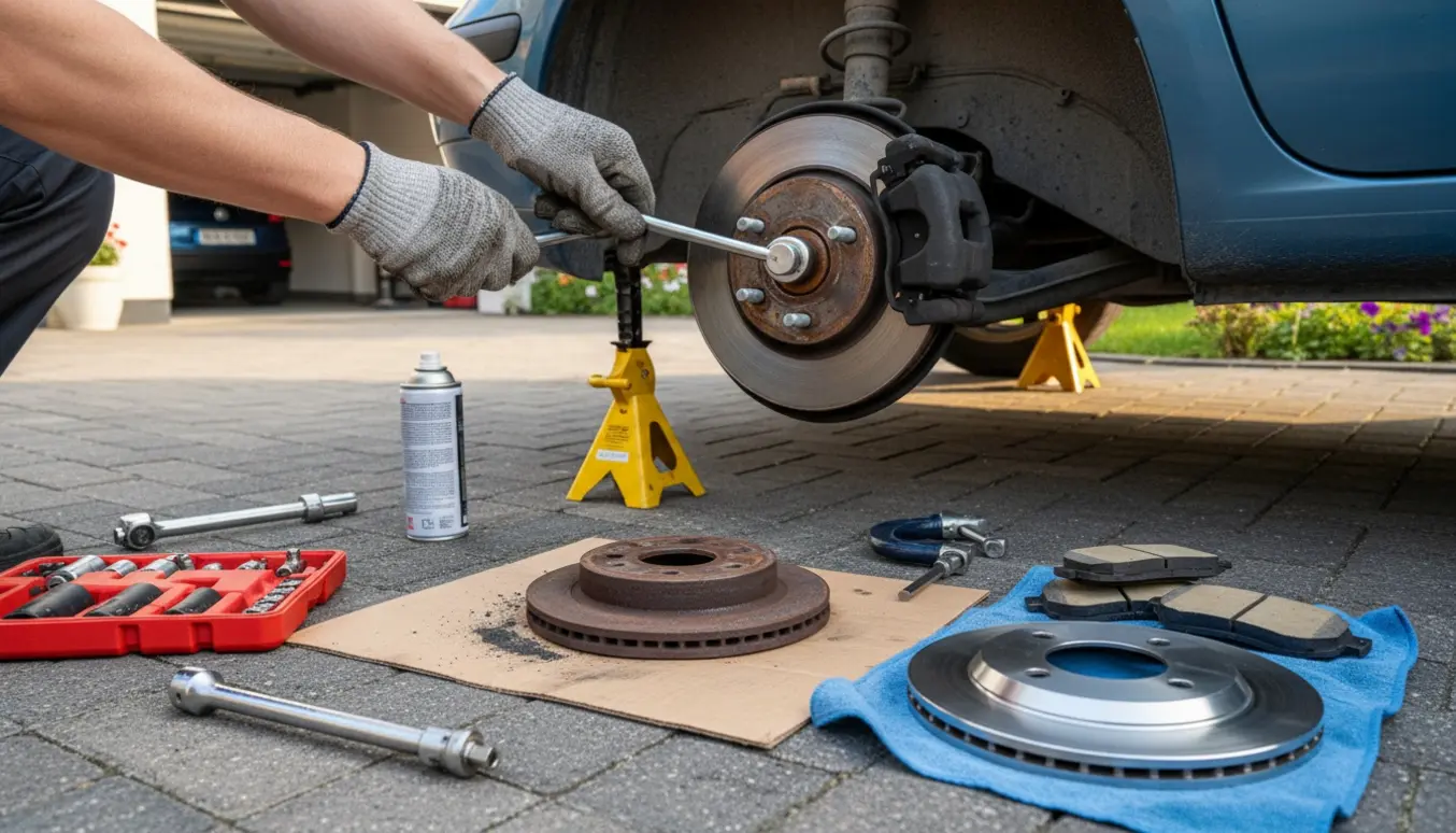 Hænder udskifter bagbremser på en ældre Polo-hatchback med nye bremsskive og bremseklodser ved siden af.