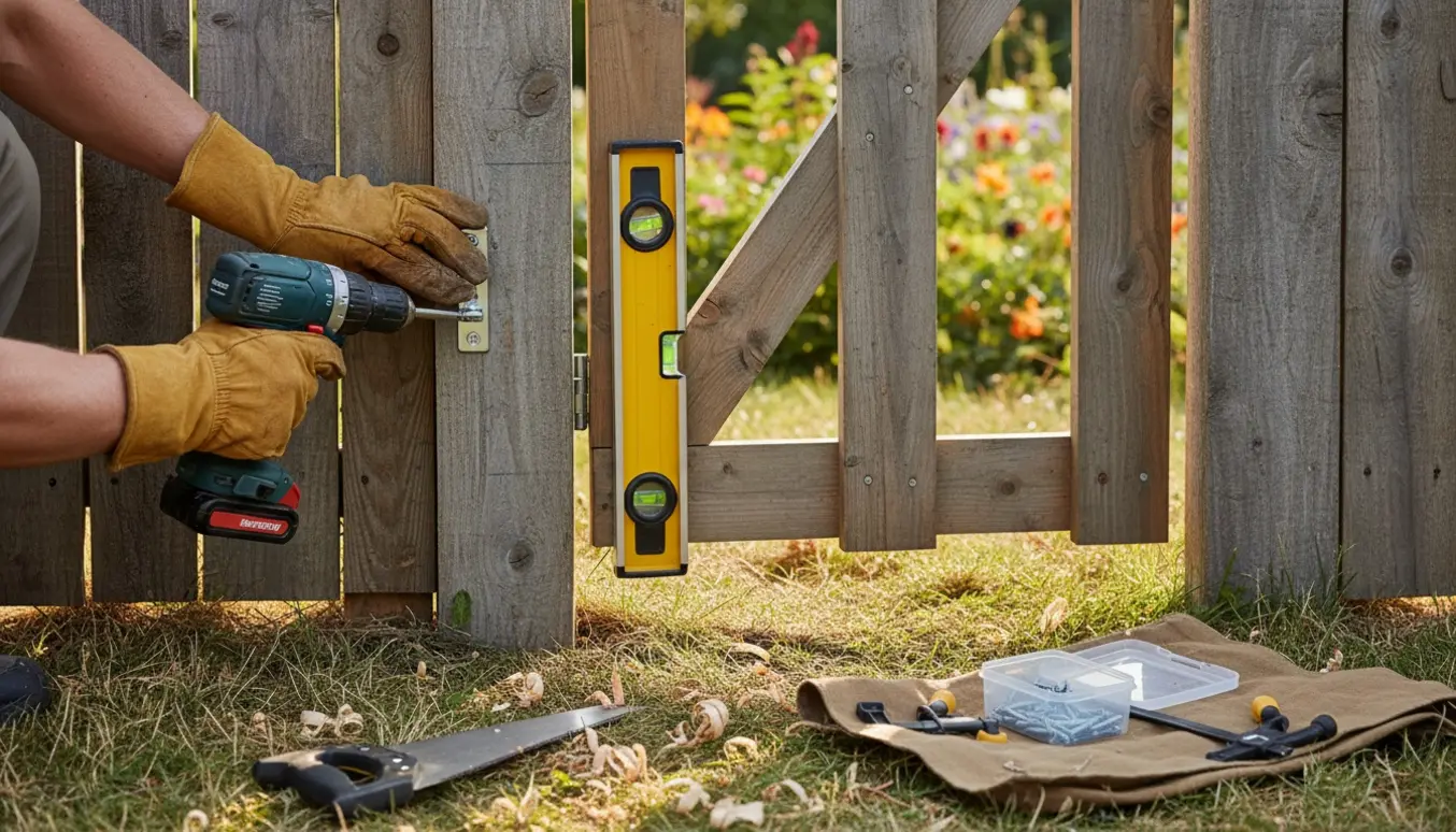 Delvist installeret trælåge i et eksisterende hegn med værktøj og hængsler i fokus.