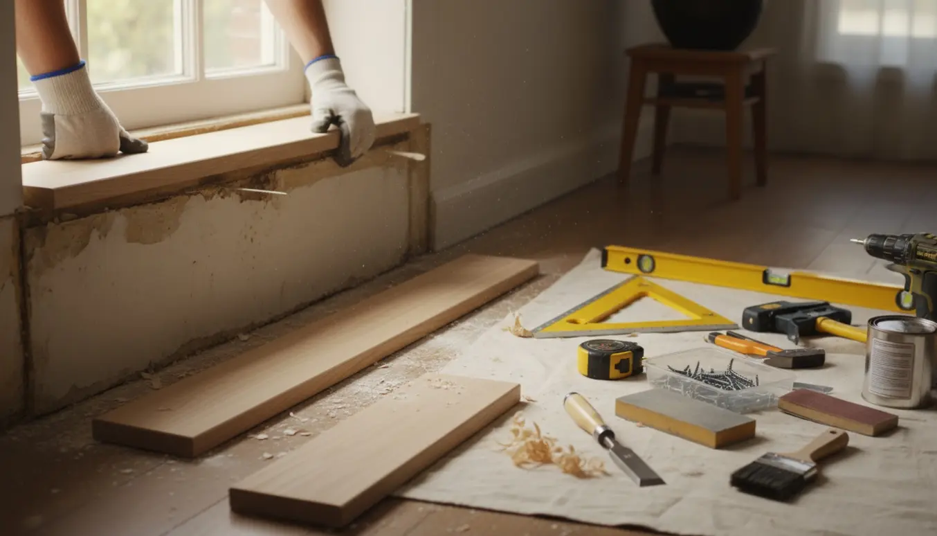 Hænder i arbejdshandsker monterer en ny trævindueskarm i et lyst rum med løse lister og værktøj omkring.