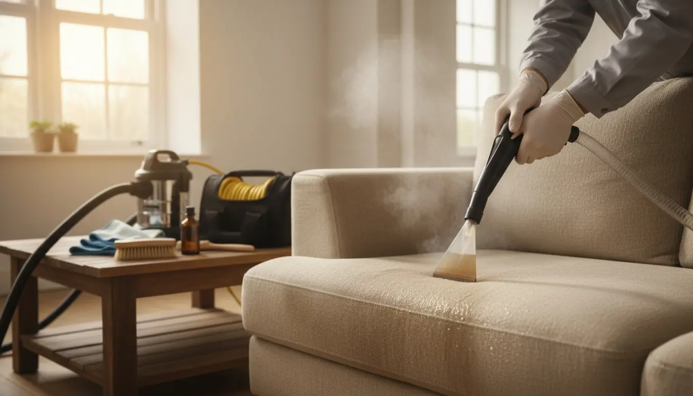 Hænder bruger steamrenser på en stofsofa med tydelig før‑og‑efter kontrast.
